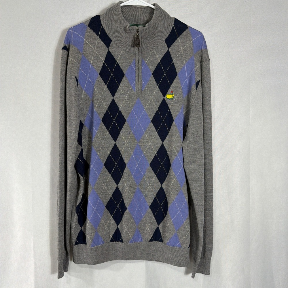 Masters Collection Sweater Argyle 1/4 Zip Merino Wool Grey Mens Large